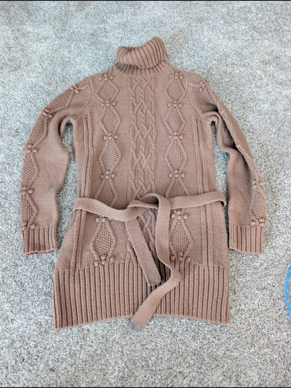 LOFT Lambswool Blend Cable Knit Belted Turtleneck Tunic Sweater M Brown